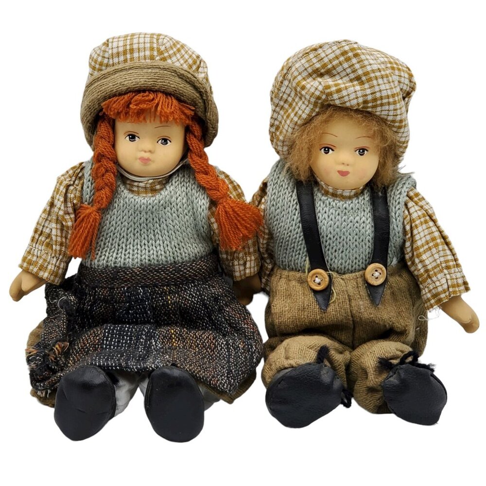 Vintage Ragamuffin Boy & Girl Porcelain & Sawdust Dolls Hand Painted Faces